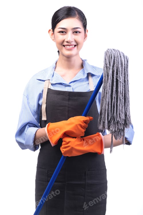 Preview: House Cleaning Service Woman Isolated In White. Asian Young Woman With Gloves, Happy Smile, Holding