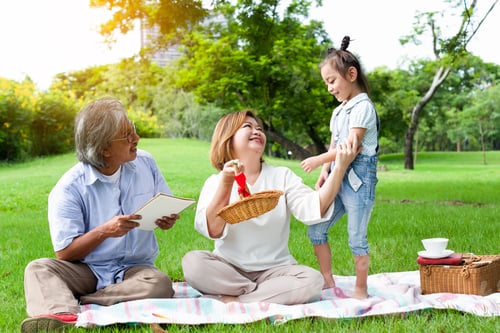Preview: Grandfather And Grandmother Sitting With Grandchildren In The Park, Holiday With Grandparents