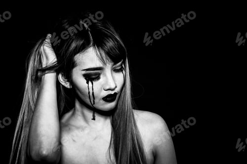 Preview: Angry Enrage Asian Woman In Black And White Isolated In Black Background. Portrait Of Beautiful