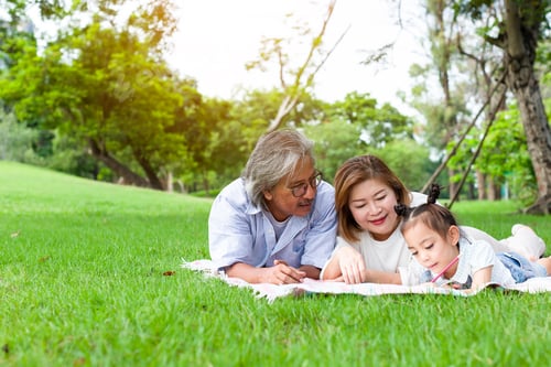 Preview: Grandfather And Grandmother Playing On The Green Grass With Grandchildren In The Park, Holiday With