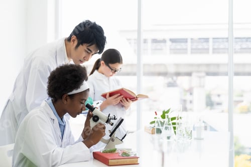 Preview: Asian Teacher And Diverse Student Doing Tests Of Plants In Classroom. Group Of Diversity Scientists