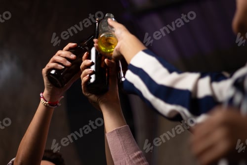 Preview: Group Of People Clinking Glass Bottles Of Beer Party After Work