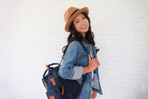 Preview: Beautiful Young Girl Wear Hat Carrying Backpack In Happy Emotion With Copy Space White Block