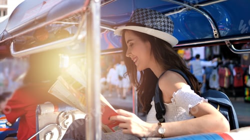 Preview: Cheerful Woman Wanderer With Trendy Look Searching Direction On Location Map In City Centre On