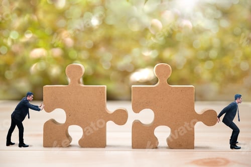 Preview: Businessman And Teamwork Concept. Puzzle And Jigsaw Connectting For Achievement And Goal