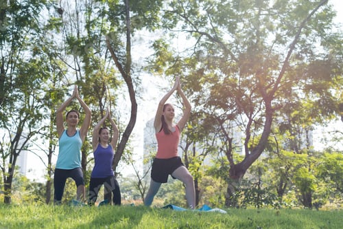 Preview: Activities In Family, Mother And Daughter On A Yoga Mat To Relax In The Park Outdoor, Concept Of