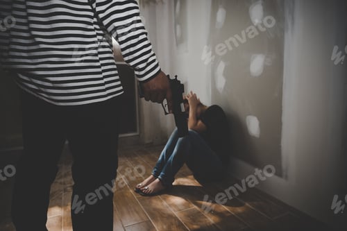 Preview: The Girl Was Stripped By Thieves In Black And White Shirt With A Gun In Hand At Abandoned House