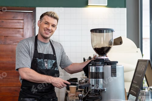 Preview: Barista Cafe Wearing Apron And Prepare Coffee Grinder Pour At Coffee Shop With Happy And Smiling