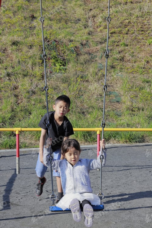 Preview: Japanese Sister On The Swing And Brother Pushing Her Back (10 Years Old Boy And 5 Years Old Girl)