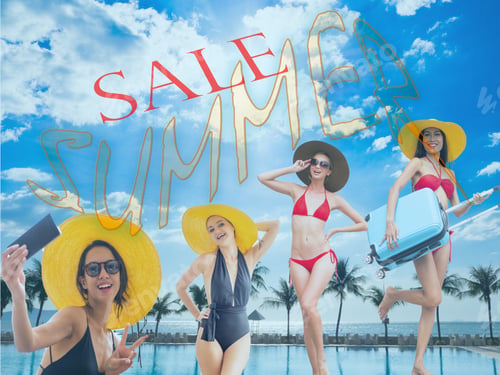 Preview: Bikini Girls Ware Hat And Summer Sale Text With Pool, Palm Tree, Sea, Blue Sky Background