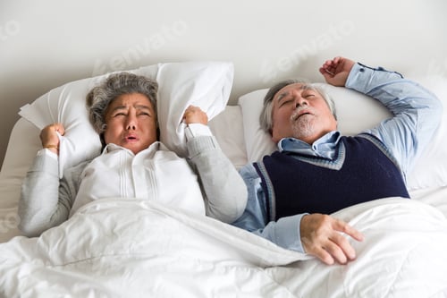 Preview: Senior Elderly Man Sleeping And Snoring On The Bed With White Blanket, Pillow In The Bedroom At