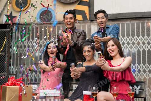 Preview: Happy Time, Group Of Asia Beautiful Young People Standing And Celebrating Together The Party In The