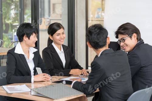 Preview: Group Of Business Team And Business A Meeting On Cafe Background. Happy Business Meeting Concept.