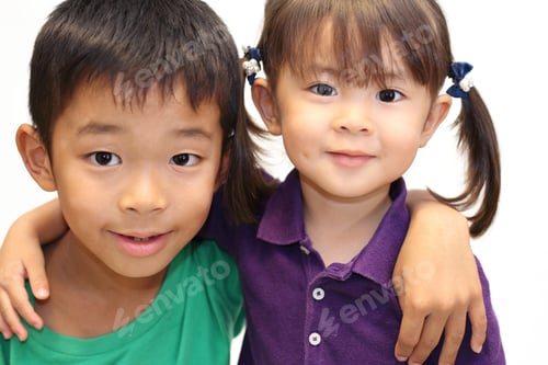Preview: Japanese Brother And Sister Putting Arms Around Each Other'S Sholders (8 Years Old Boy And 3 Years