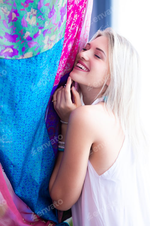Preview: Boho Woman Happy Smile. Beautiful Caucasian Woman In White Boho Dress With Boho Tent. Woman