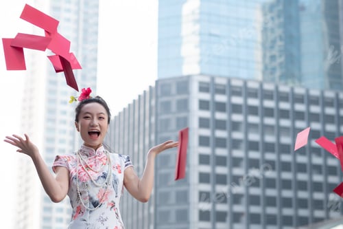 Preview: Asian Woman In Chinese Dress She Is Excited, Glad With Red Envelope Called Angpao In The Air On
