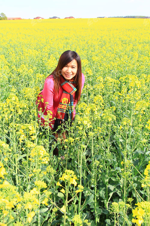 Preview: Pretty Asian Tourist In Red Dress At The Yellow Flower Field Background.