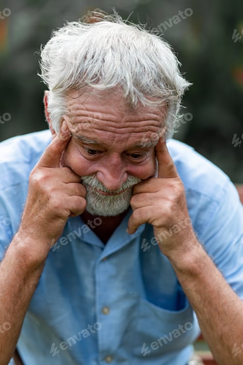 Preview: Lonely Senior Man Sitting On Park Bench. Caucasian Man. Confuse.