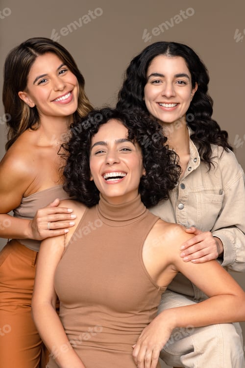 Preview: Close-Up Studio Portrait Of Three Beautiful Women In Their 20S And 30S Posed Smiling And Laughing