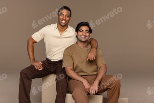 Preview: Studio Shot Of A South Asian Man In His 20'S And A Biracial Man In His 40'S Smiling On A Neutral