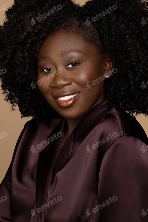 Preview: Smiling Woman in Elegant Satin Shirt Posing