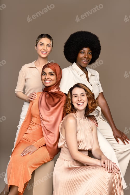 Preview: Studio Shot Of A Group Of Gorgeous Multiracial Women Smiling On A Neutral Background.