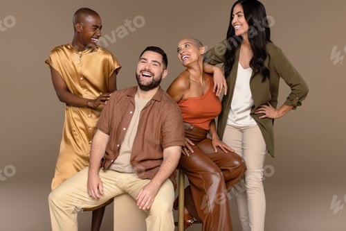 Preview: Studio Shot Of A Group Of Attractive Multiethnic People Laughing Together On A Neutral Background.