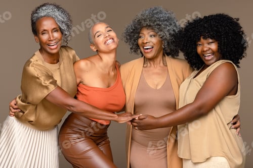 Preview: Portrait Of A Group Of Gorgeous Multiethnic Women Laughing Together On A Neutral Background.