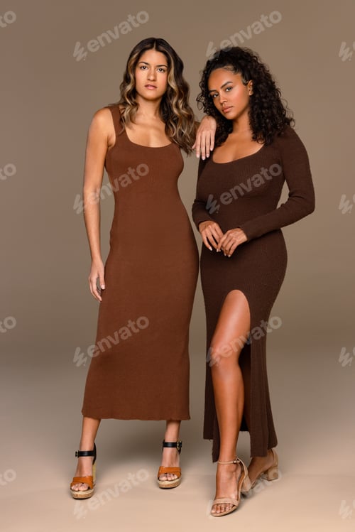 Preview: Two Women Pose in Brown Fashionable Dresses