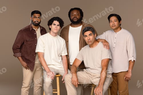 Preview: Three Quarter Length Studio Portrait Of Five Hansom Men From Diverse Ethnic Backgrounds Posed