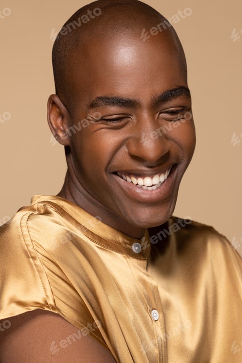 Preview: Portrait Of Young Bald African Man In His 20S Smiling Happy Beautiful Rwandese Male Posing On
