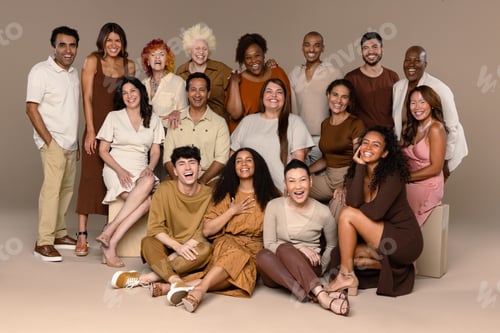 Preview: Studio Portrait Of A Group Of Beautiful Multiethnic People Smiling On A Neutral Background.