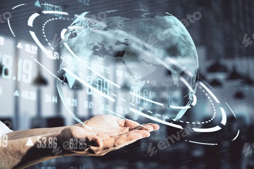 Preview: Hand Holding Glowing Globe With Digital Business Interface. Global Business And Media Concept. 3D