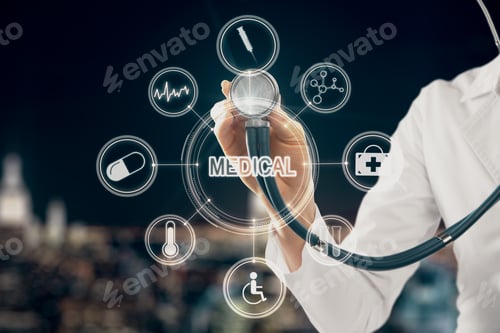 Preview: Female Doctor Using Creative Medical Interface On Blurry Night City Background Background. Medicine
