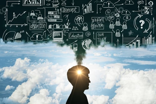 Preview: Abstract Businessman Silhouette Thinking About Business Sketch On Chalkboard On City Sky