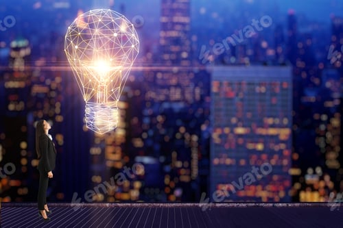 Preview: Side View Of Attractive Young European Businesswoman On Rooftop Looking At Glowing Light Bulb On