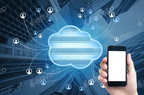 Preview: Close Up Of Hand Holding Empty White Mock Up Smartphone With Abstract Cloud Computing Hologram On