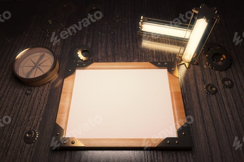 Preview: Glowing Steampunk Lamps On A Wooden Table With Blank Picture Frame, Mock Up