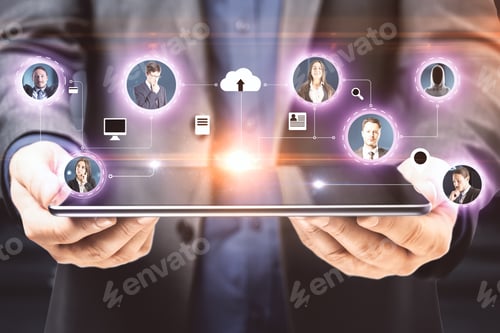 Preview: Businessman Holding Digital Tablet With Abstract Remote Work Hologram. Remote Access Chain