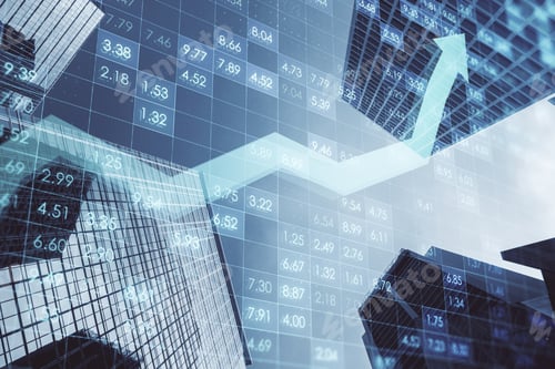 Preview: Creative Digital Financial Numbers Or Index Data On Blurry City Backdrop With Growing Arrow. Stock