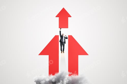 Preview: Break Through Concept With Businessman Taking Off In The Direction Of Red Arrow Above Megapolis