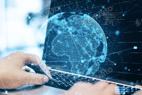Preview: Close Up Of Hands Using Laptop With Abstract Globe Sphere With Coding And Polygonal Network