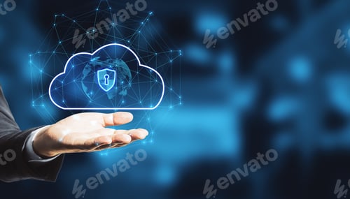 Preview: Close Up Of Businessman Hand Holding Abstract Glowing Cloud Hologram With Globe And Safety Icons