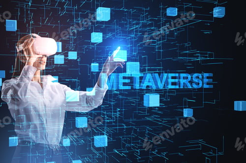 Preview: Attractive Young European Businesswoman With Vr Glasses On Abstract Glowing Blue Metaverse