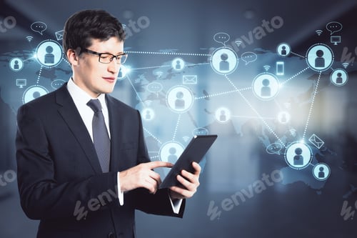 Preview: Social Network And Head Hunting Concept With Businessman Working On Digital Tablet And Virtual