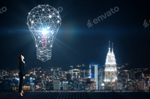 Preview: Side View Of Attractive Businesswoman Standing On Rooftop With Blurry Night New York City View And