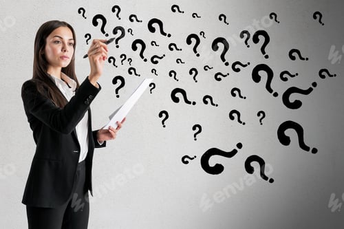 Preview: Portrait Of Attractive Young European Businesswoman With Abstract Question Marks On Concrete Wall