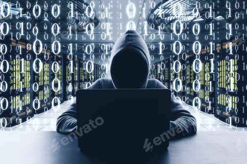 Preview: No Face Hacker Working On Laptop At Code Background