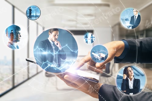 Preview: Close Up Of Businessman Hand Pointing At Pad With Abstract Glowing Communication And Connections