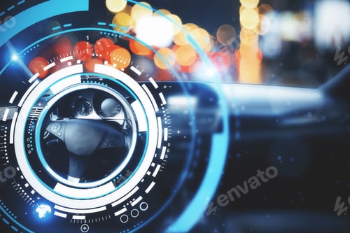 Preview: Car With Modern Digital Interface On Bokeh Background. Transport And Future Concept. Double Exposure